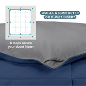 Comforter with text that says use as a comforter or duvet insert.  Shows 8 loops to secure your duvet insert.