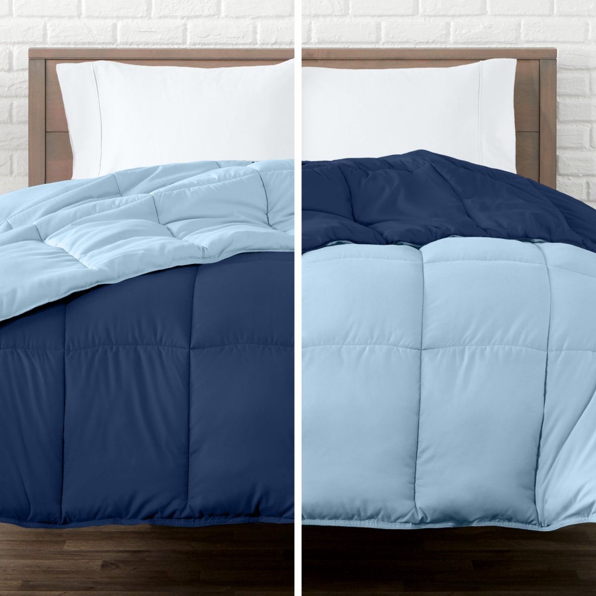 Two views of a reversible comforter on a bed with a white brick wall background.