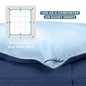 Comforter with text that says use as a comforter or duvet insert.  Shows 8 loops to secure your duvet insert.