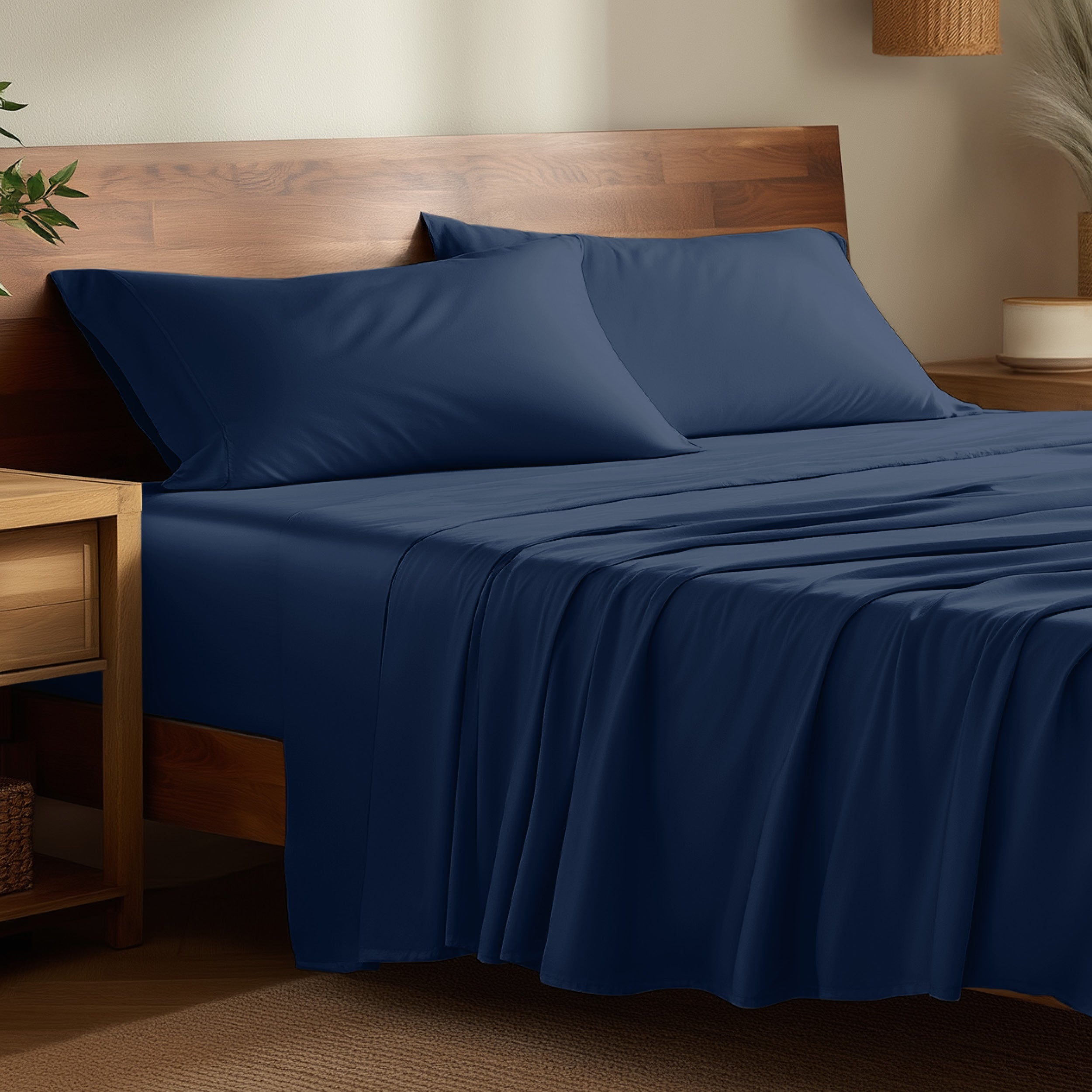 Bamboo bed sheets on a bed in a bedroom with night stands.