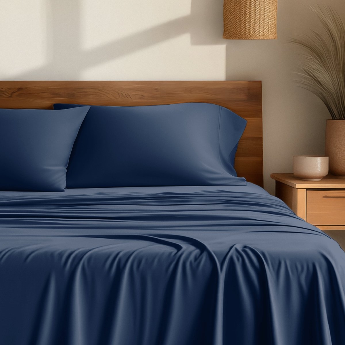 Bamboo sheets on a bed with a wooden headboard
