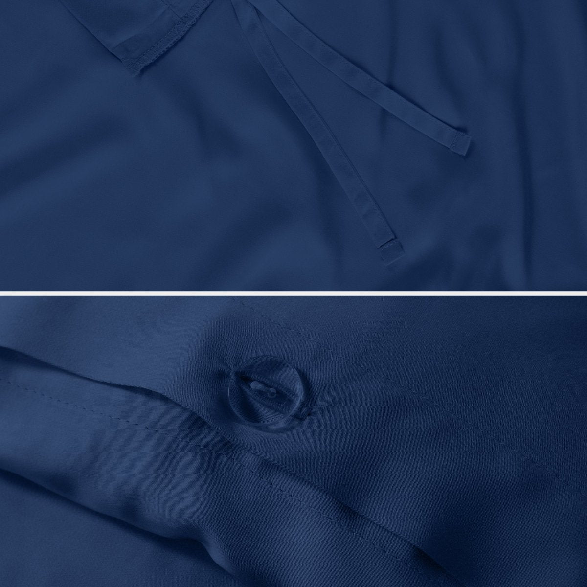 Close-up of the corner ties and button closure on a duvet cover