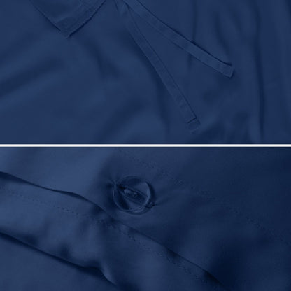 Close-up of the corner ties and button closure on a duvet cover