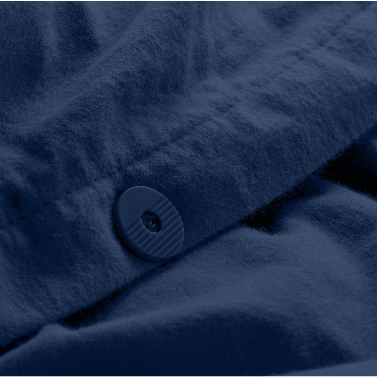 Close up of the button closure on a flannel duvet cover