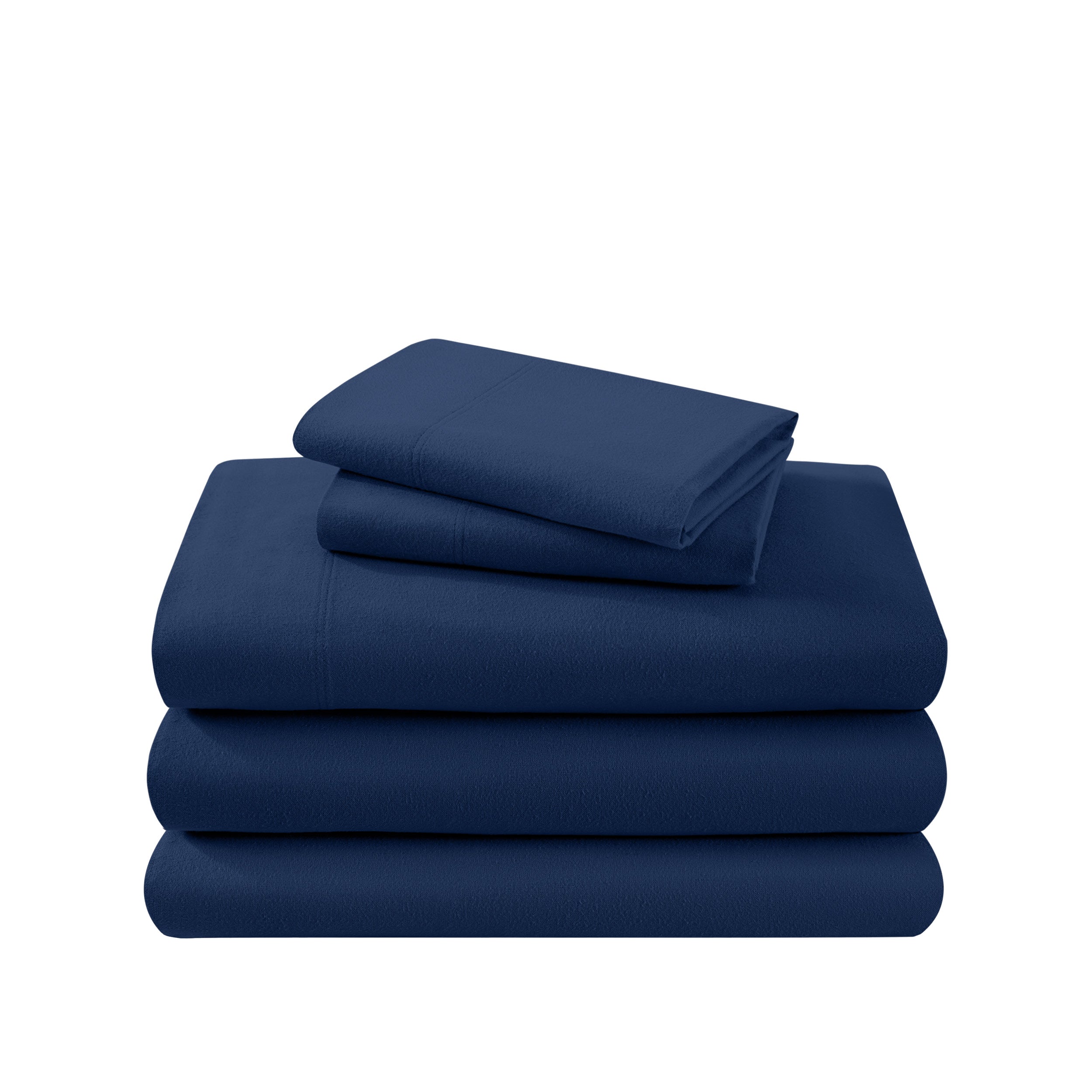 Cotton flannel sheet set folded and stacked on a white background