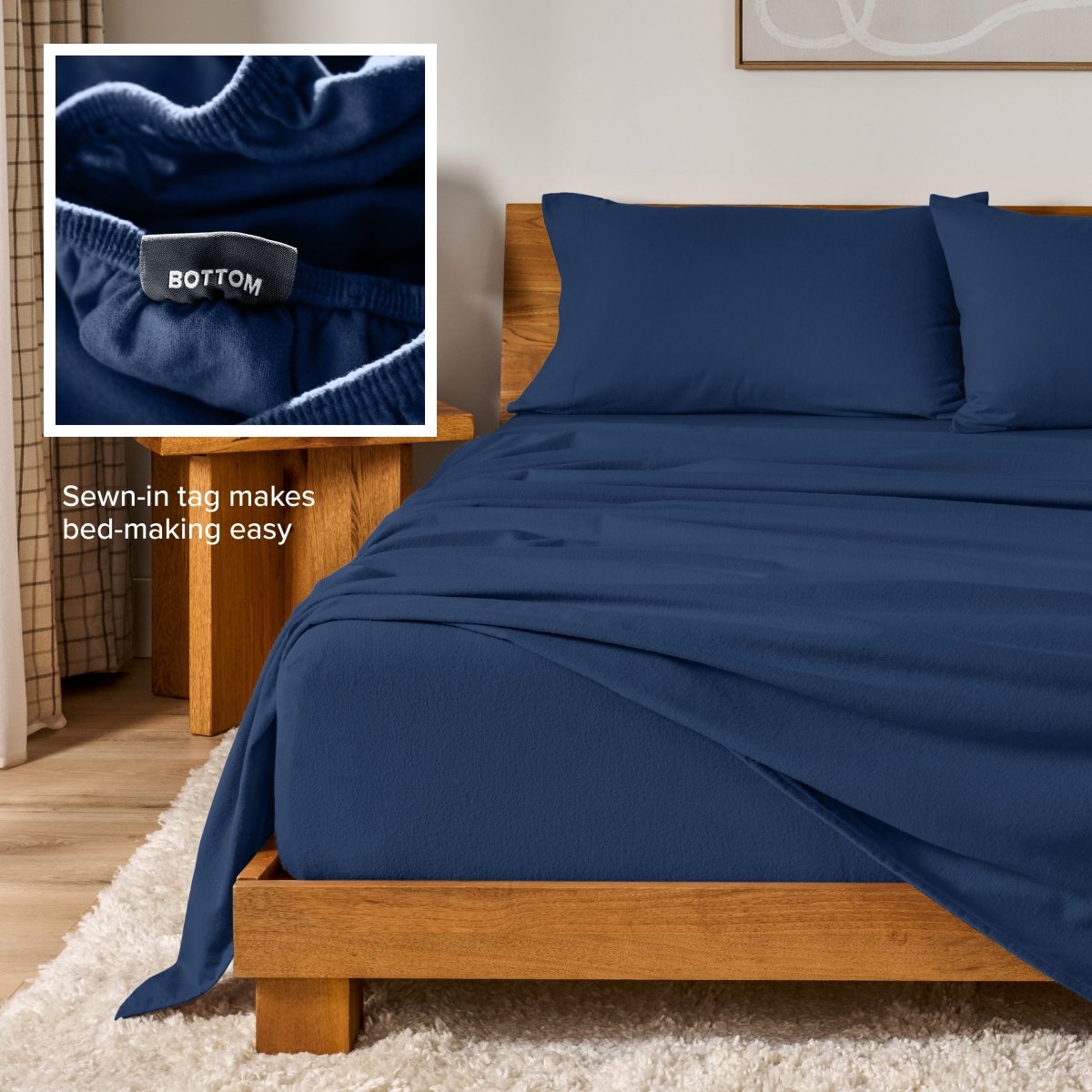 Flannel sheets on a with an inset of a sewn-in tag reading BOTTOM