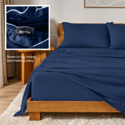 Flannel sheets on a with an inset of a sewn-in tag reading BOTTOM