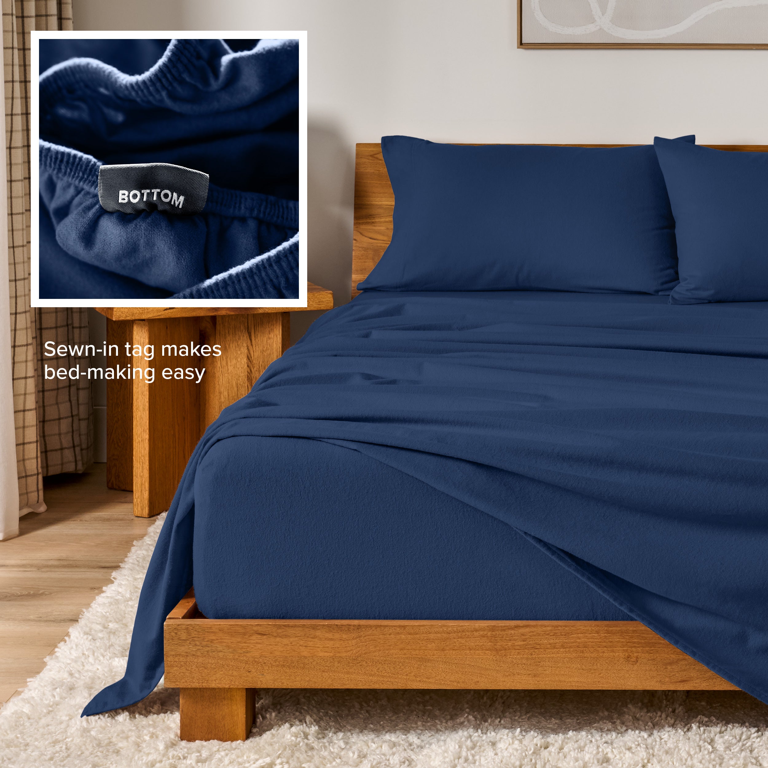 Flannel sheets on a with an inset of a sewn-in tag reading BOTTOM