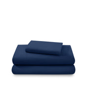 Cotton flannel sheet set folded and stacked on a white background