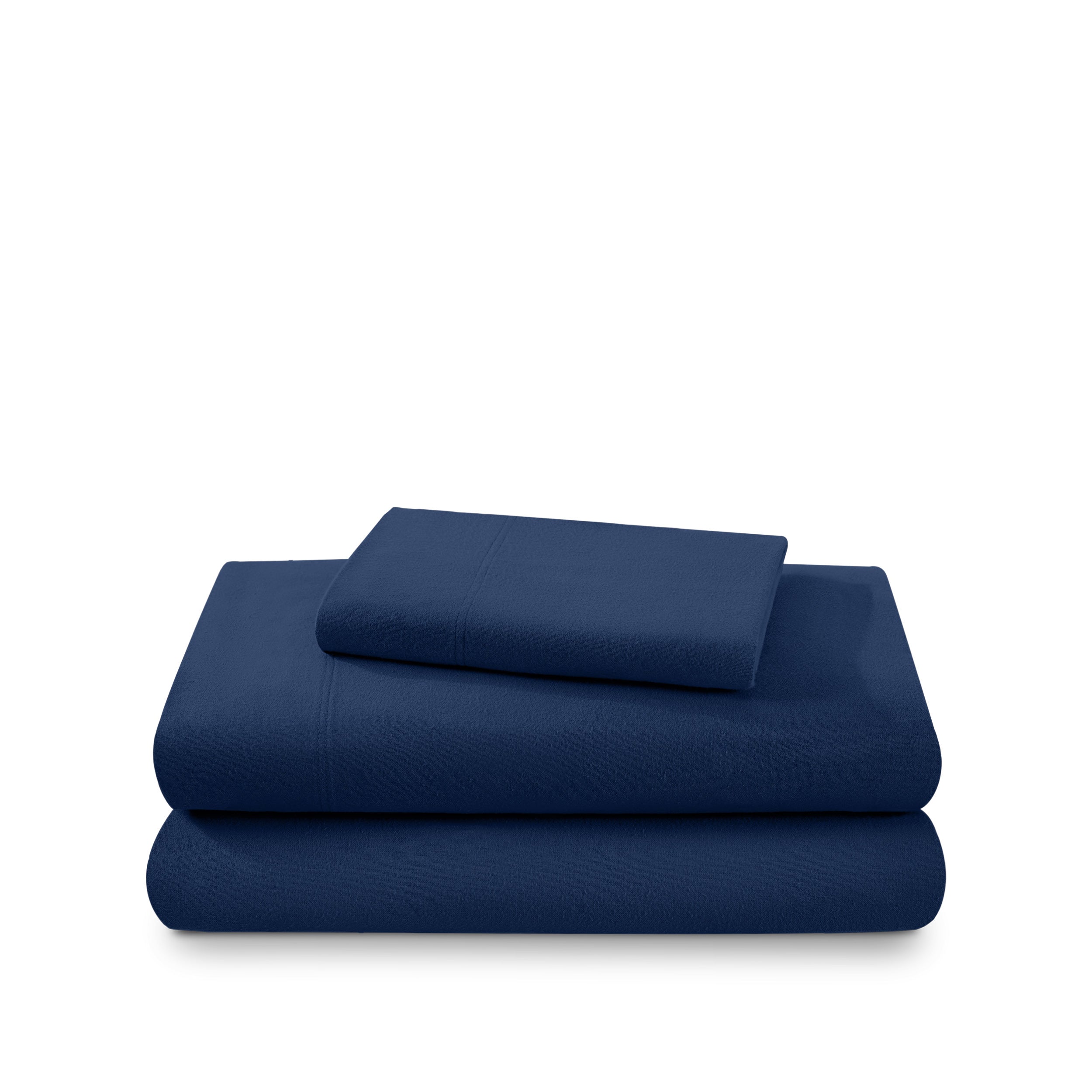Cotton flannel sheet set folded and stacked on a white background
