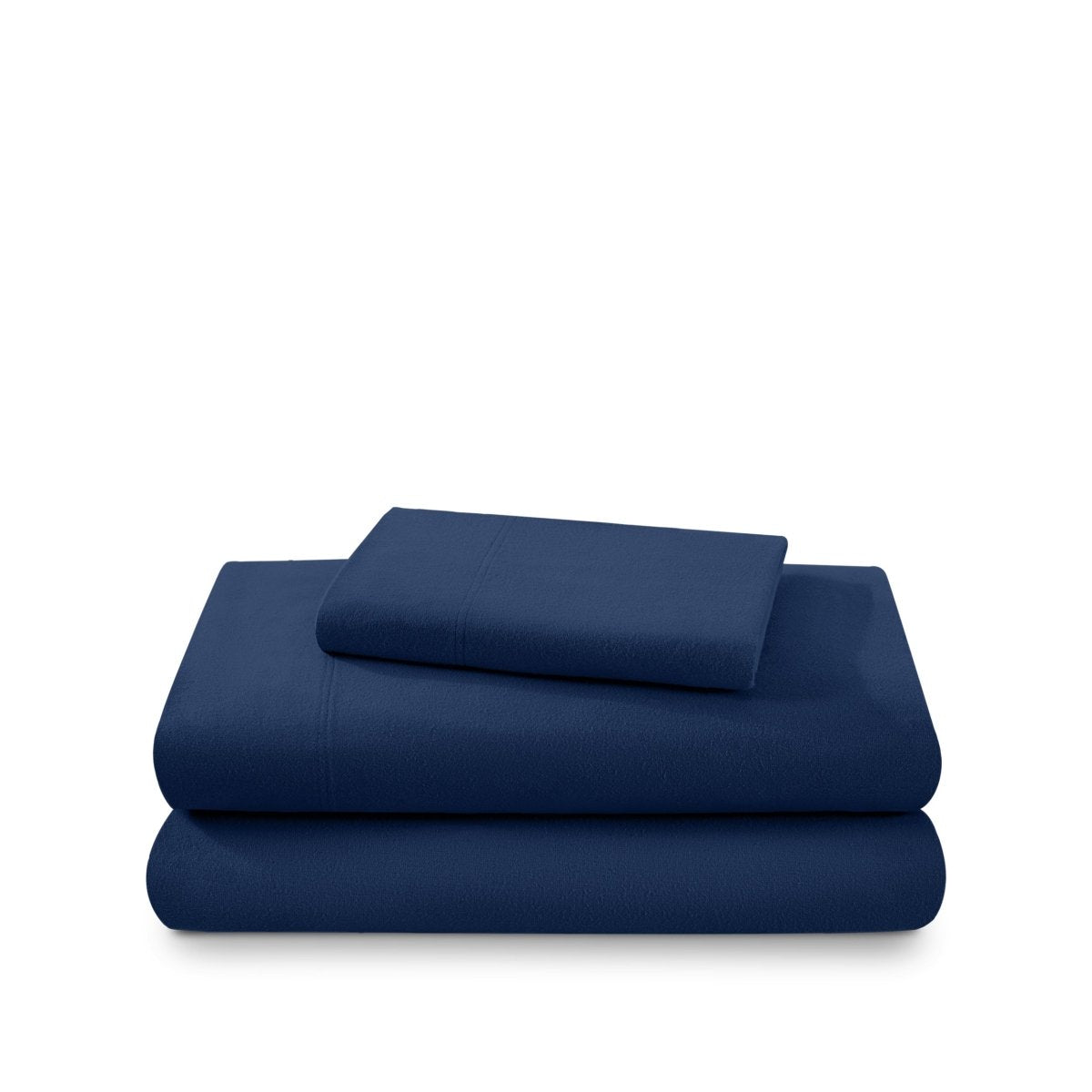 Cotton flannel sheet set folded and stacked on a white background