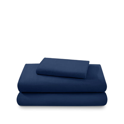 Cotton flannel sheet set folded and stacked on a white background