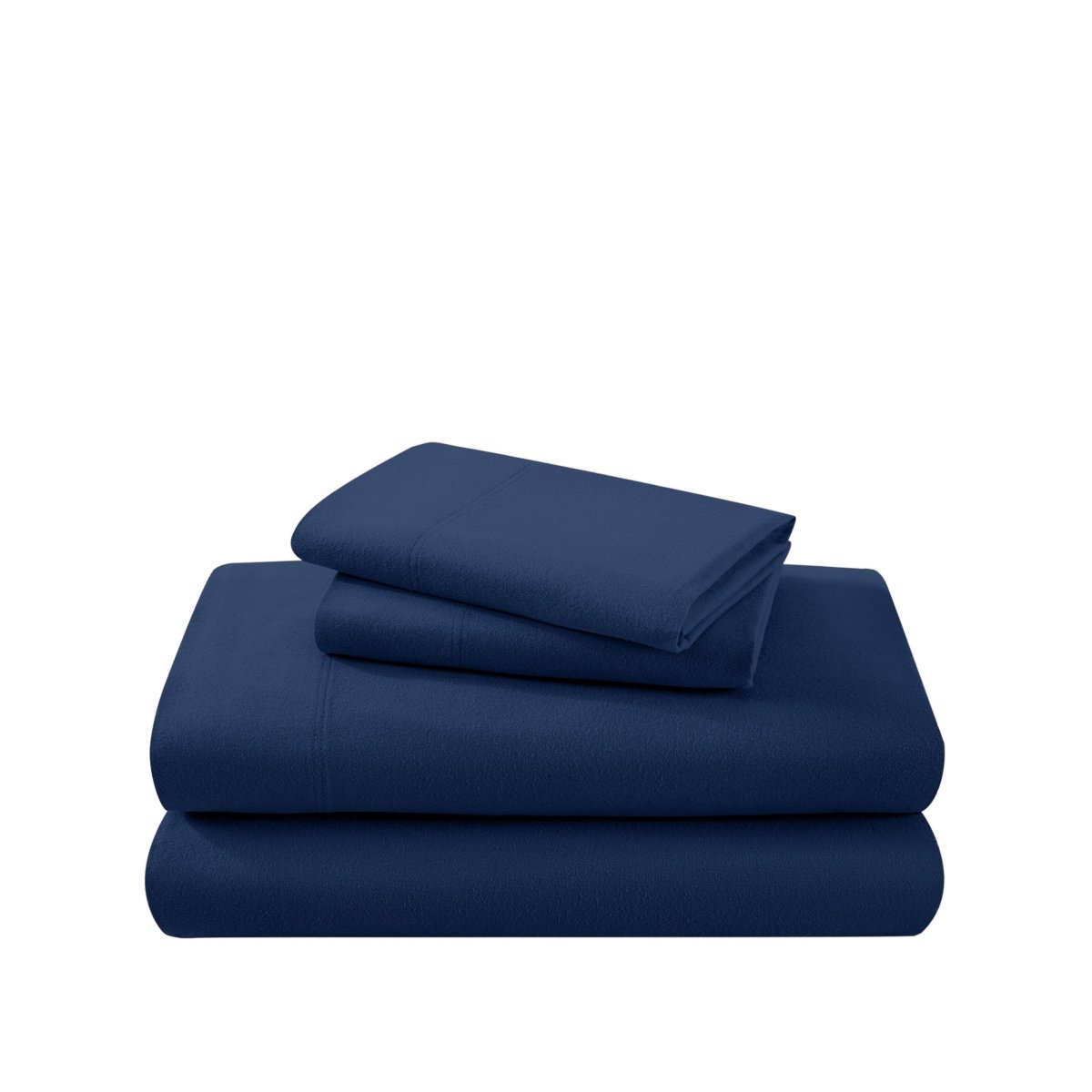 Cotton flannel sheet set folded and stacked on a white background