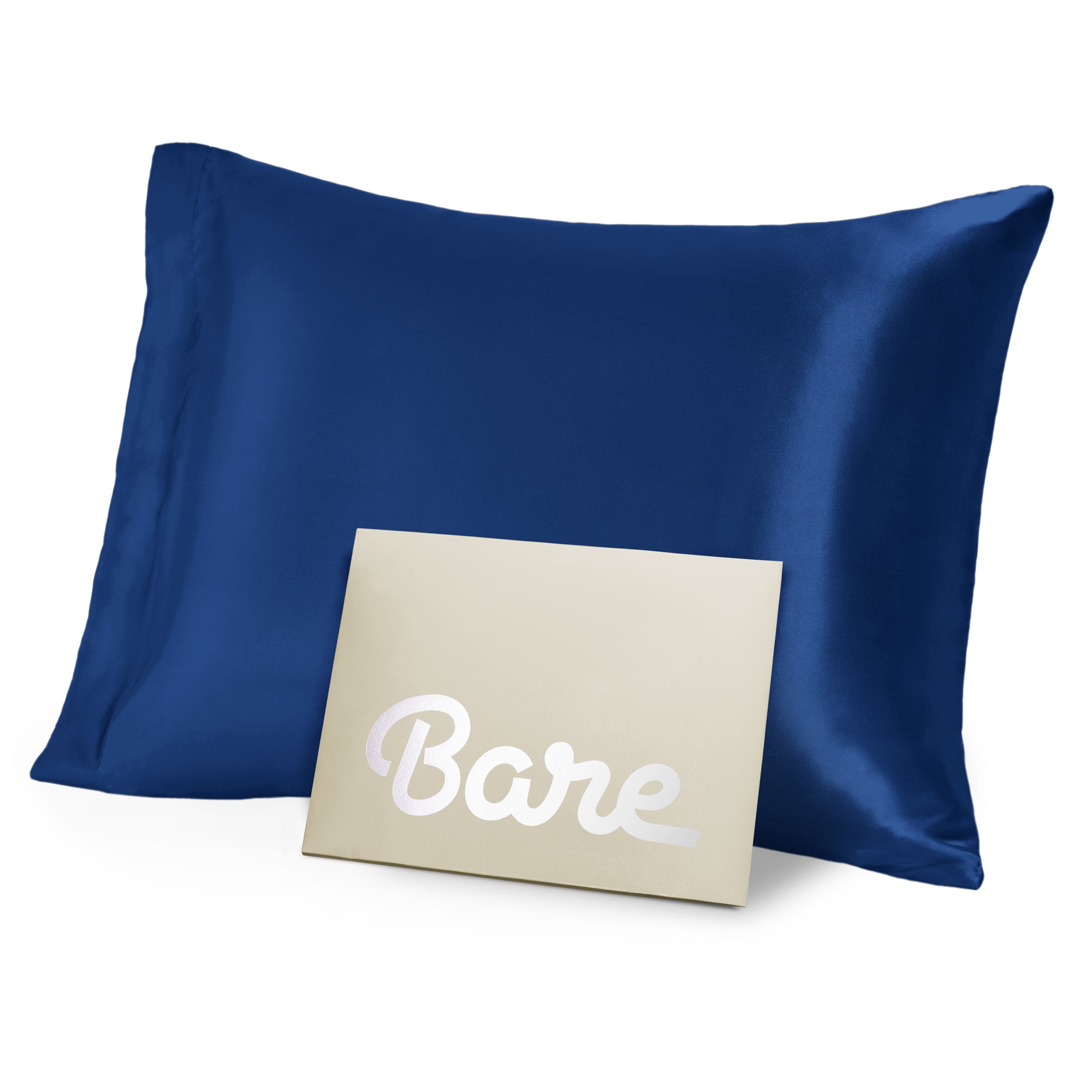 A dark blue mulberry silk pillowcase on a pillow