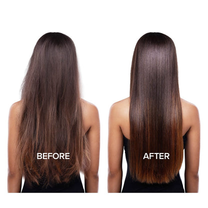 Before and after comparison of long hair with a white background