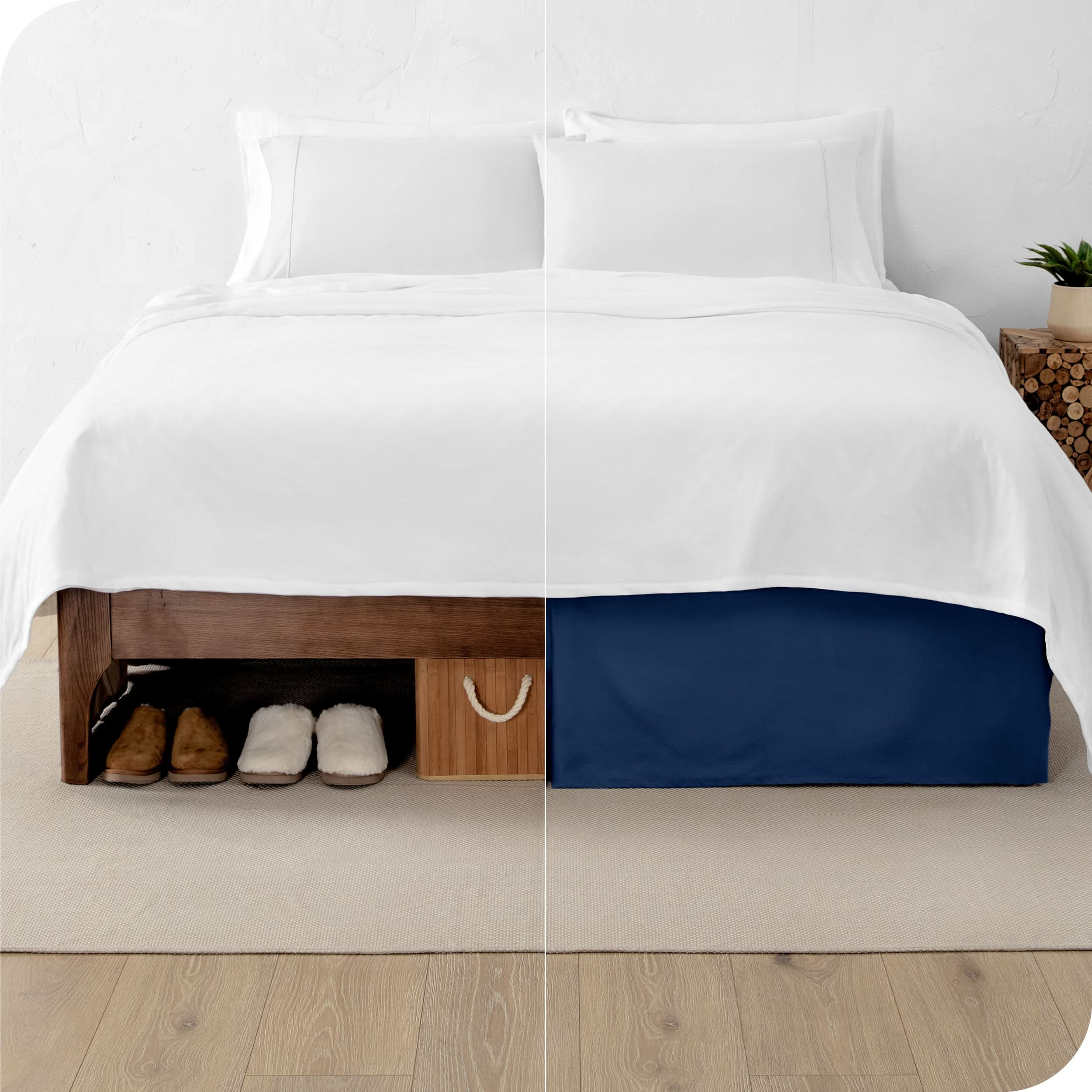 A split image showing a bed without a bed skirt on the left and with a bed skirt on the right.