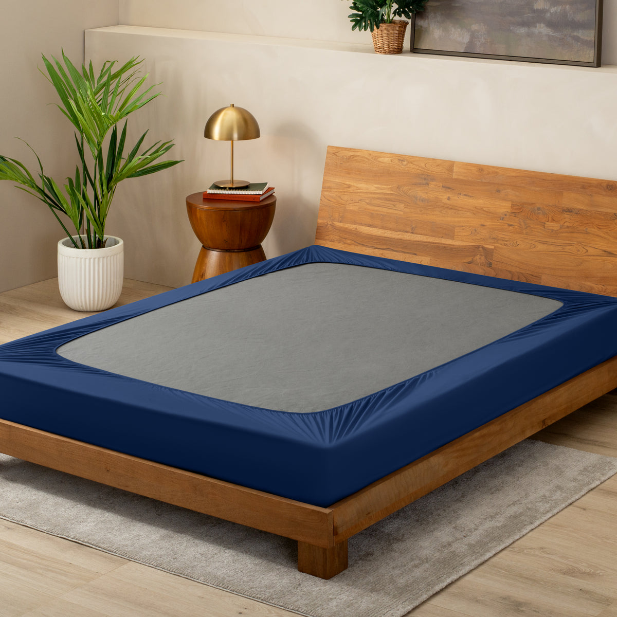 Blue box spring cover on a box spring