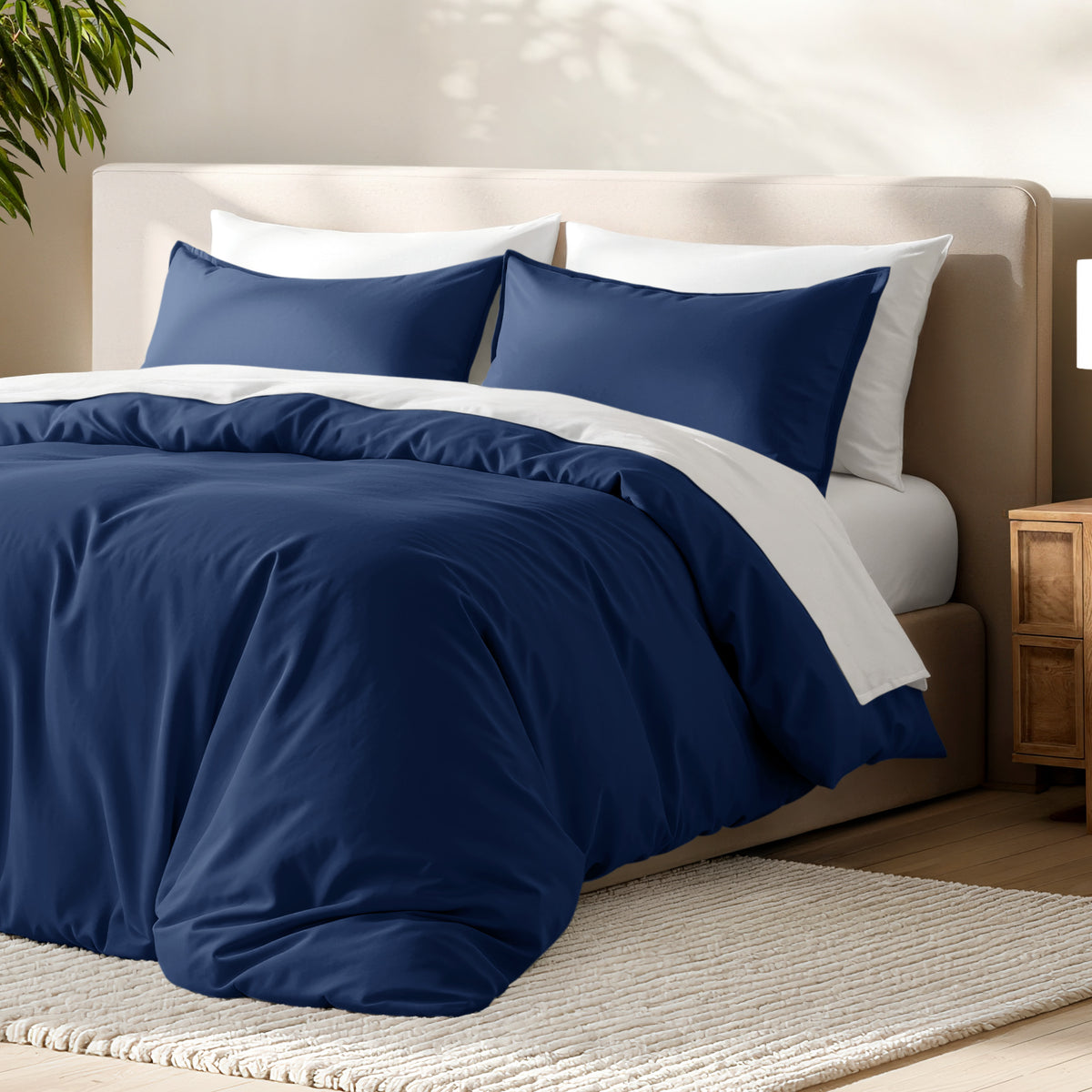 Bed with microfiber duvet cover and sham set in a bedroom setting.