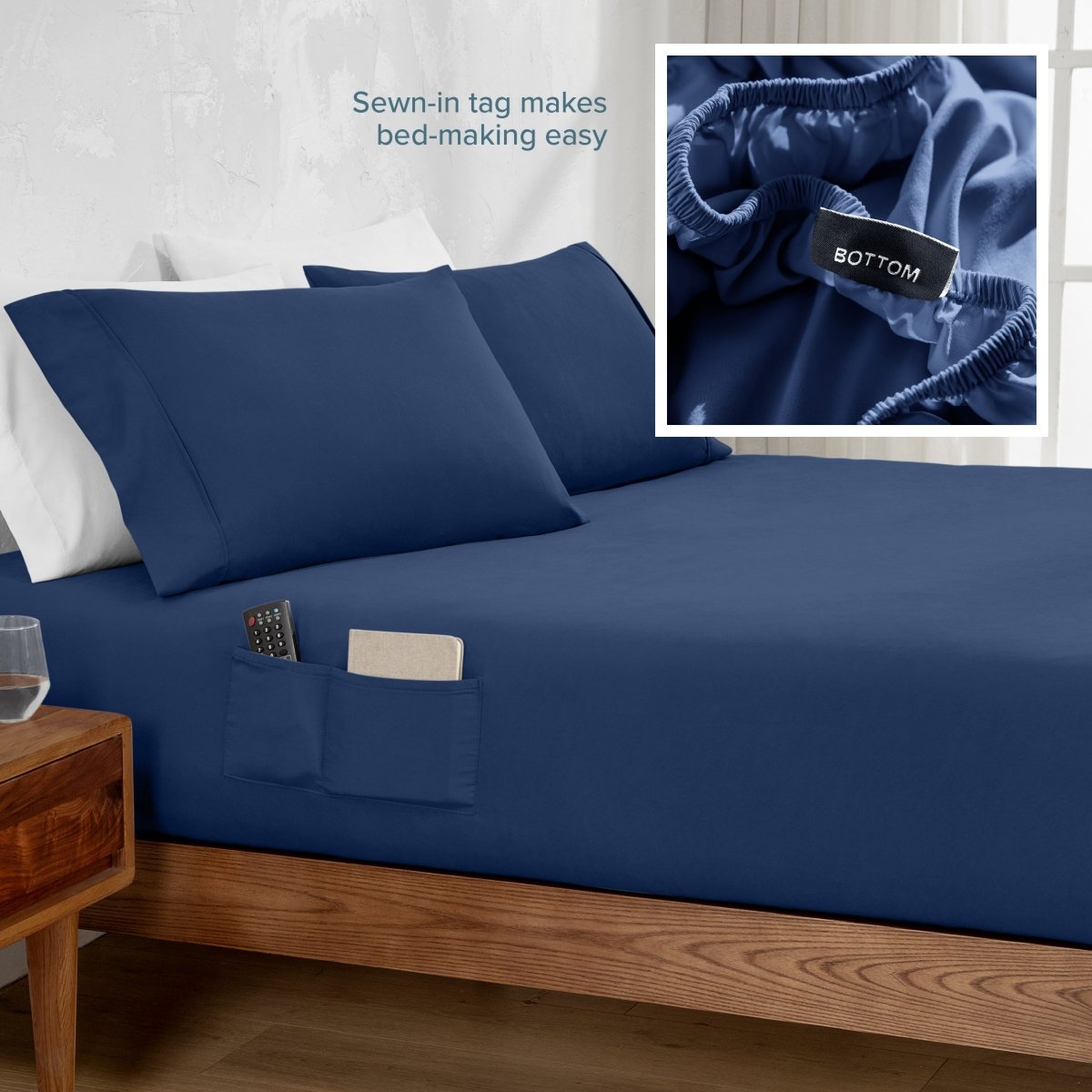 Bed sheet with sewn-in tags on a bed, with an inset showing a close-up of the tag.