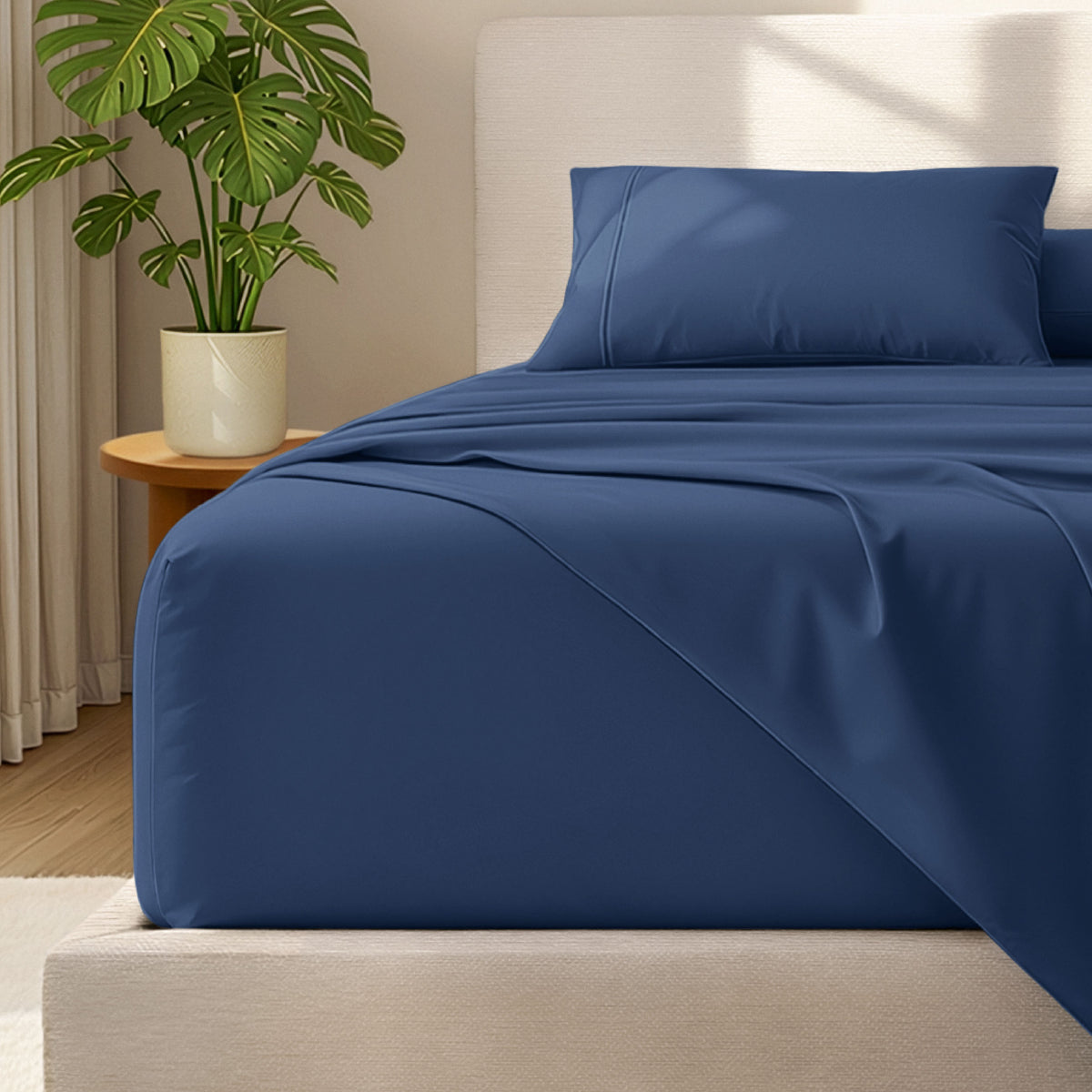 Bed with microfiber bedding and wooden headboard in a bedroom setting