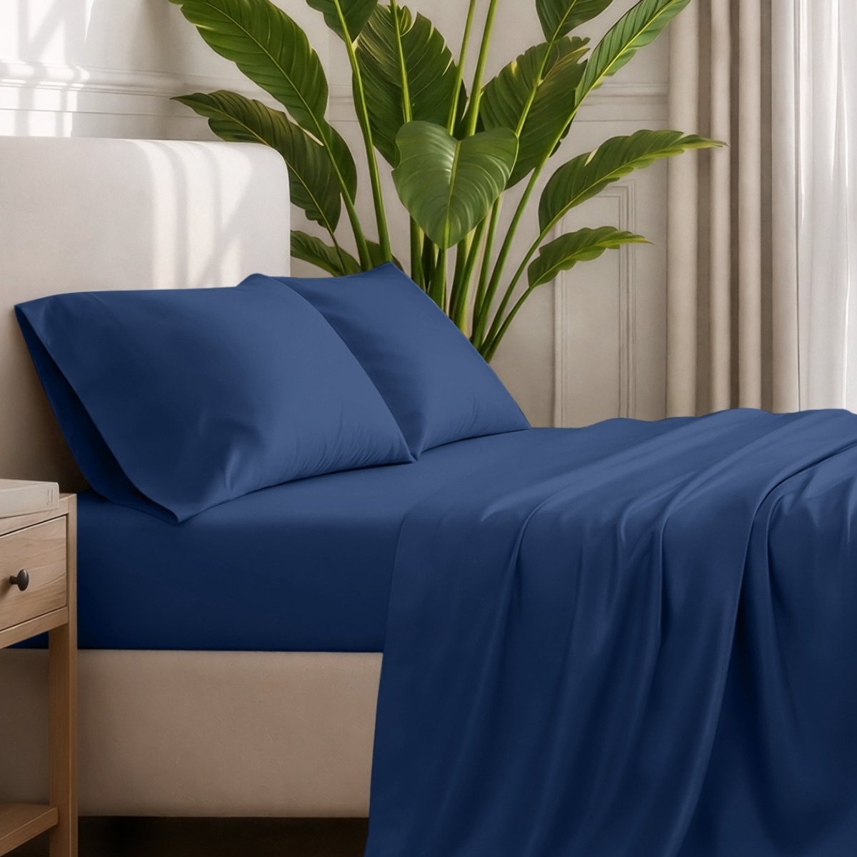 Ultra-soft sheets and pillowcases on a bed with a plant in the background