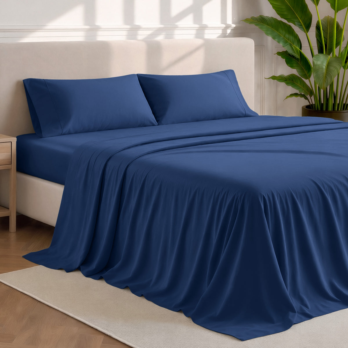 Microfiber sheets and pillowcases in a bedroom stetting
