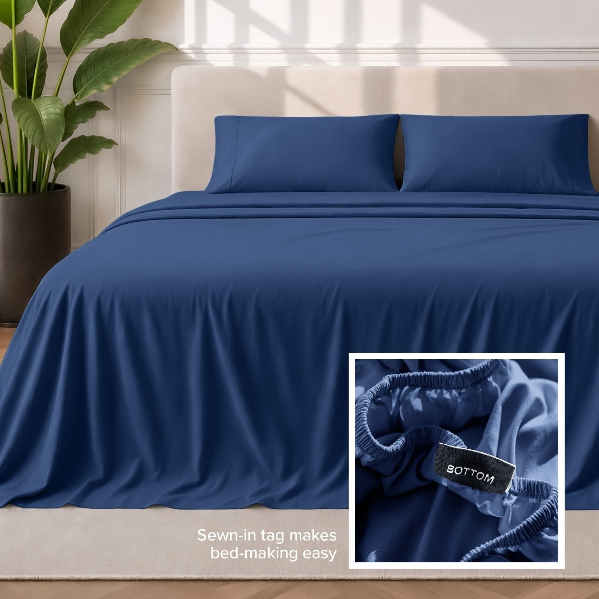 Sewn-in tag makes bed-making easy