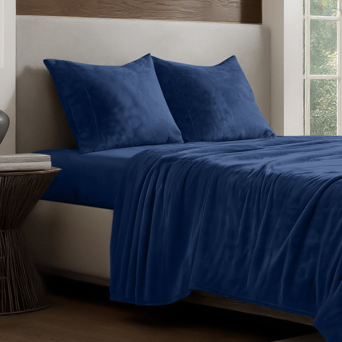 Microplush sheet set on a bed.