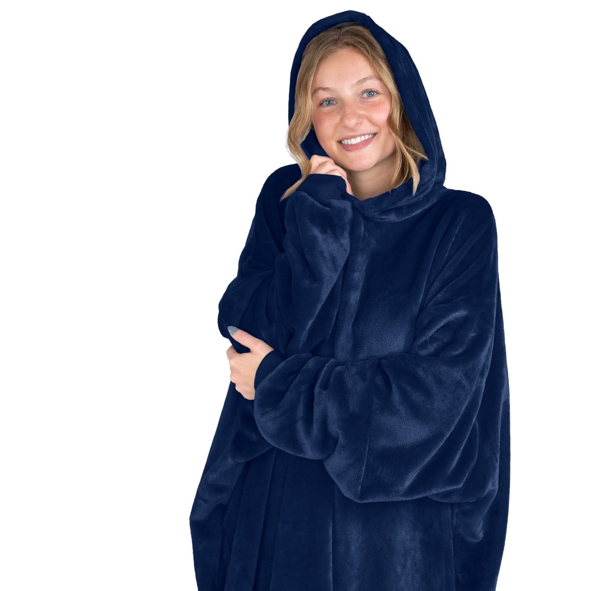 A woman in a wearable blanket