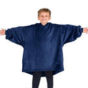 A boy dressed in a microplush wearable blanket.