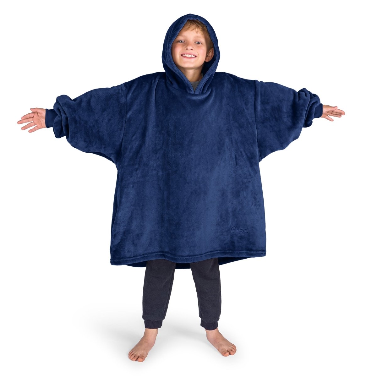 A boy wearing a cozy hooded blanket.