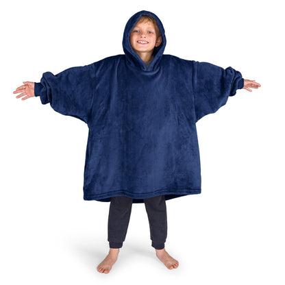 A boy wearing a cozy hooded blanket.