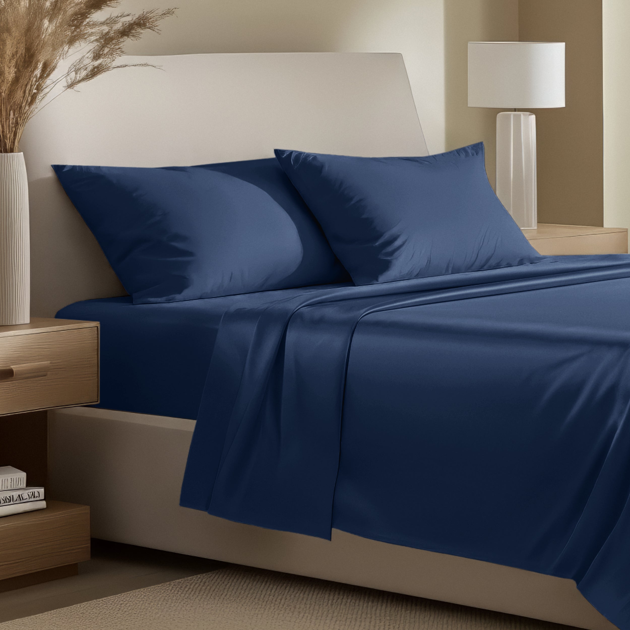 Bedding set on a bed with pillows in a bright room.