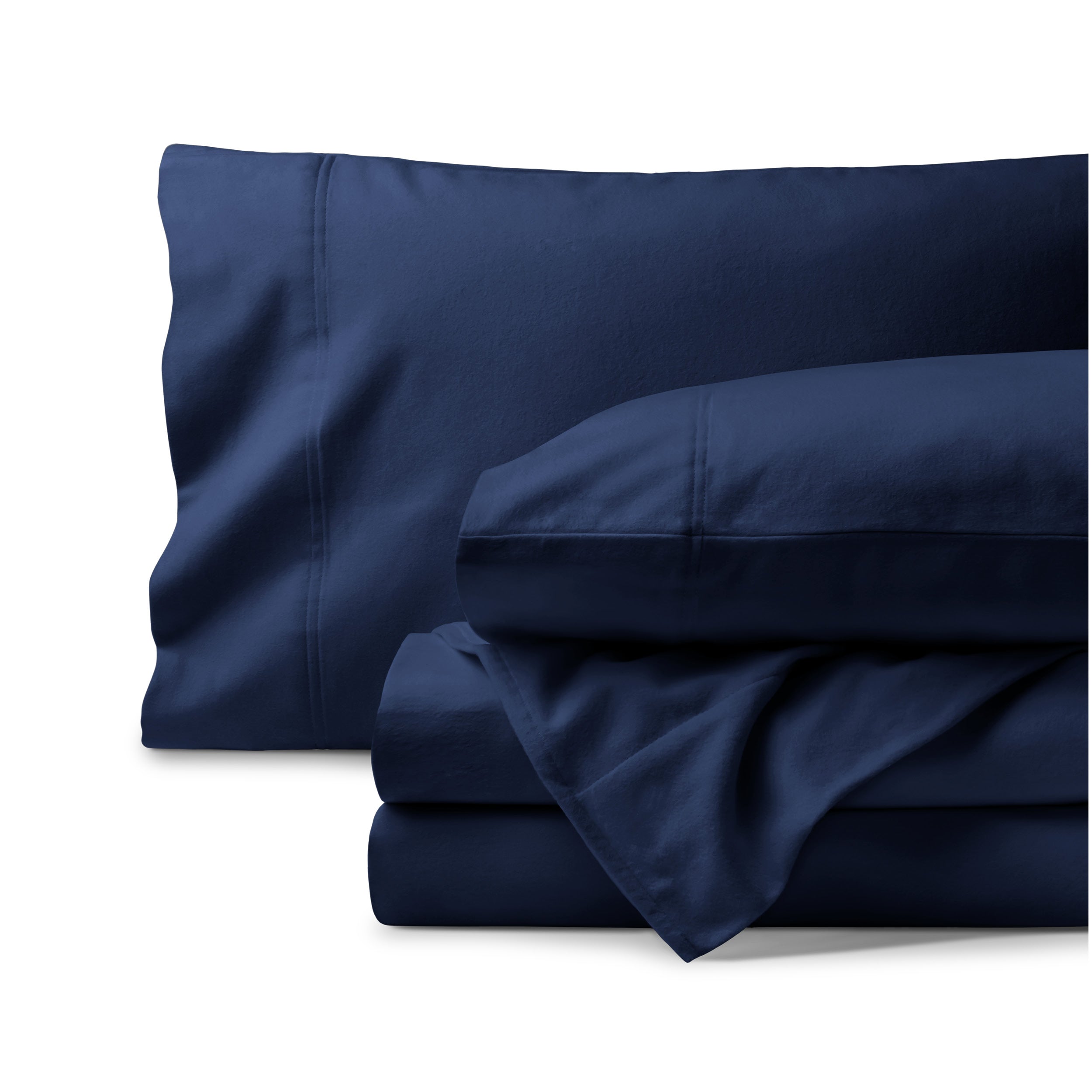 Organic flannel bed sheets and pillowcase set on a white background