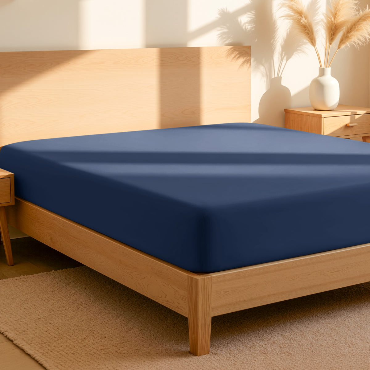 Fitted sheet on a bed in a bedroom setting with a lamp and plant.