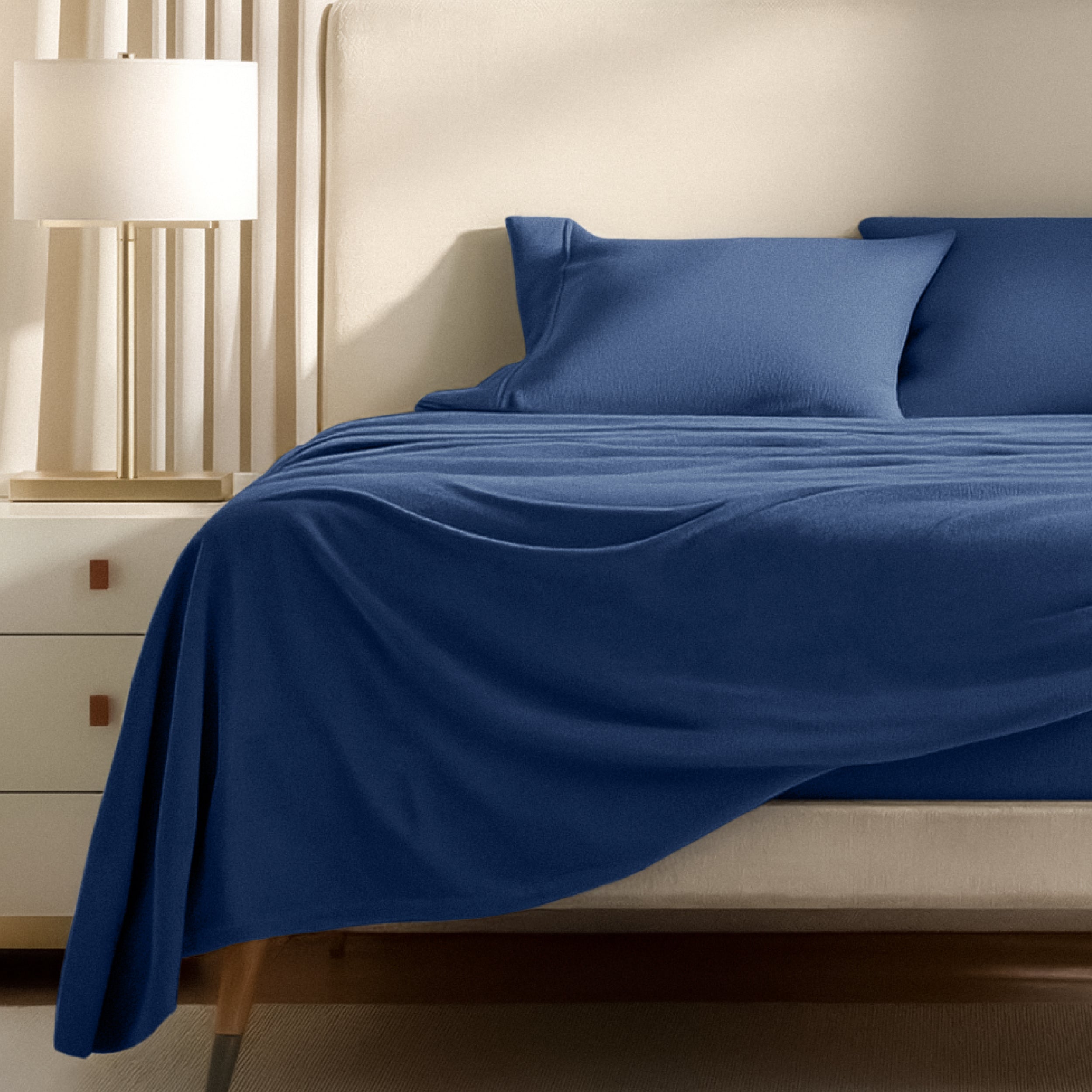 Polar fleece sheets on a bed