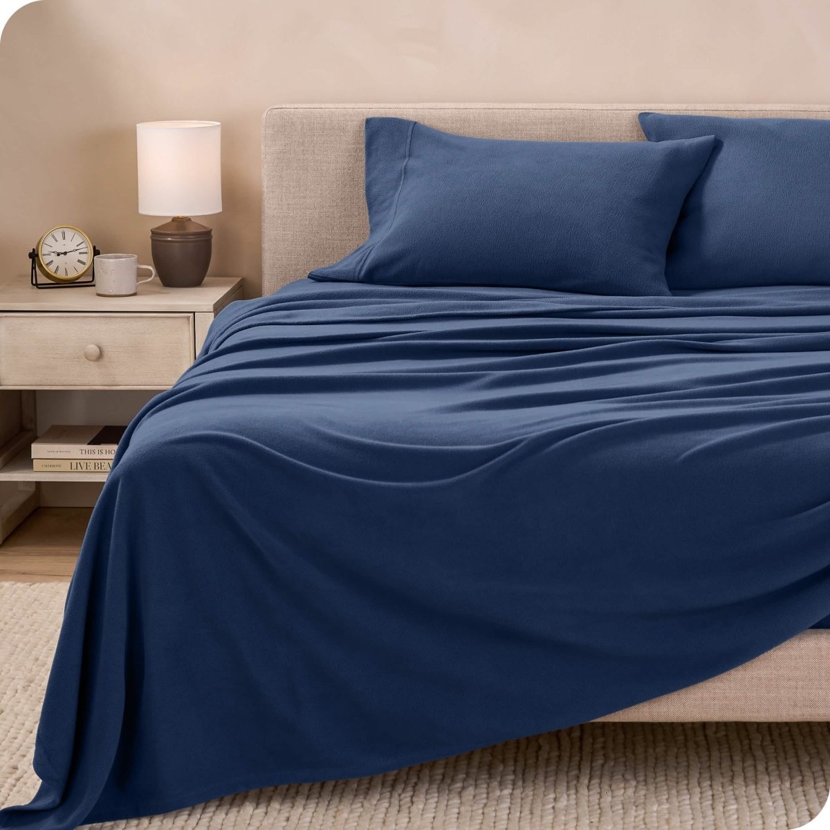 Polar fleece sheet set on a bed