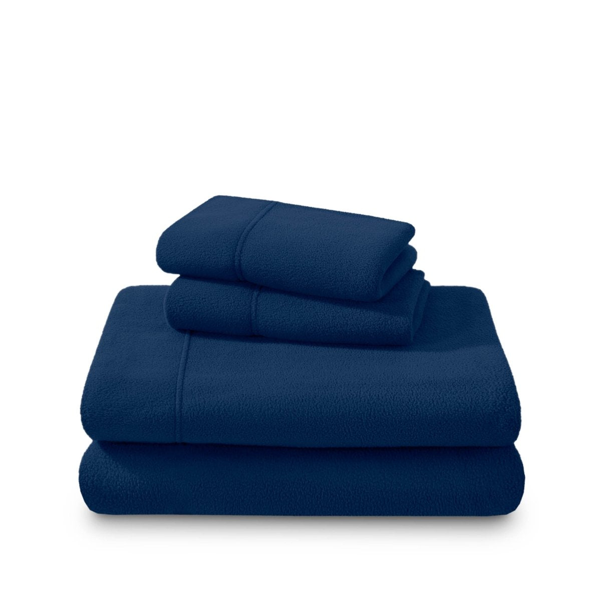 Polar fleece sheets and pillowcases folded and stacked on a white background