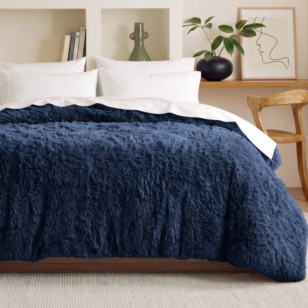 Shaggy duvet on a bed in a bedroom setting with decor elements.