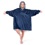 An adult with a hooded wearable blanket on