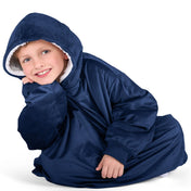 Close up of a sherpa wearable blanket on a child