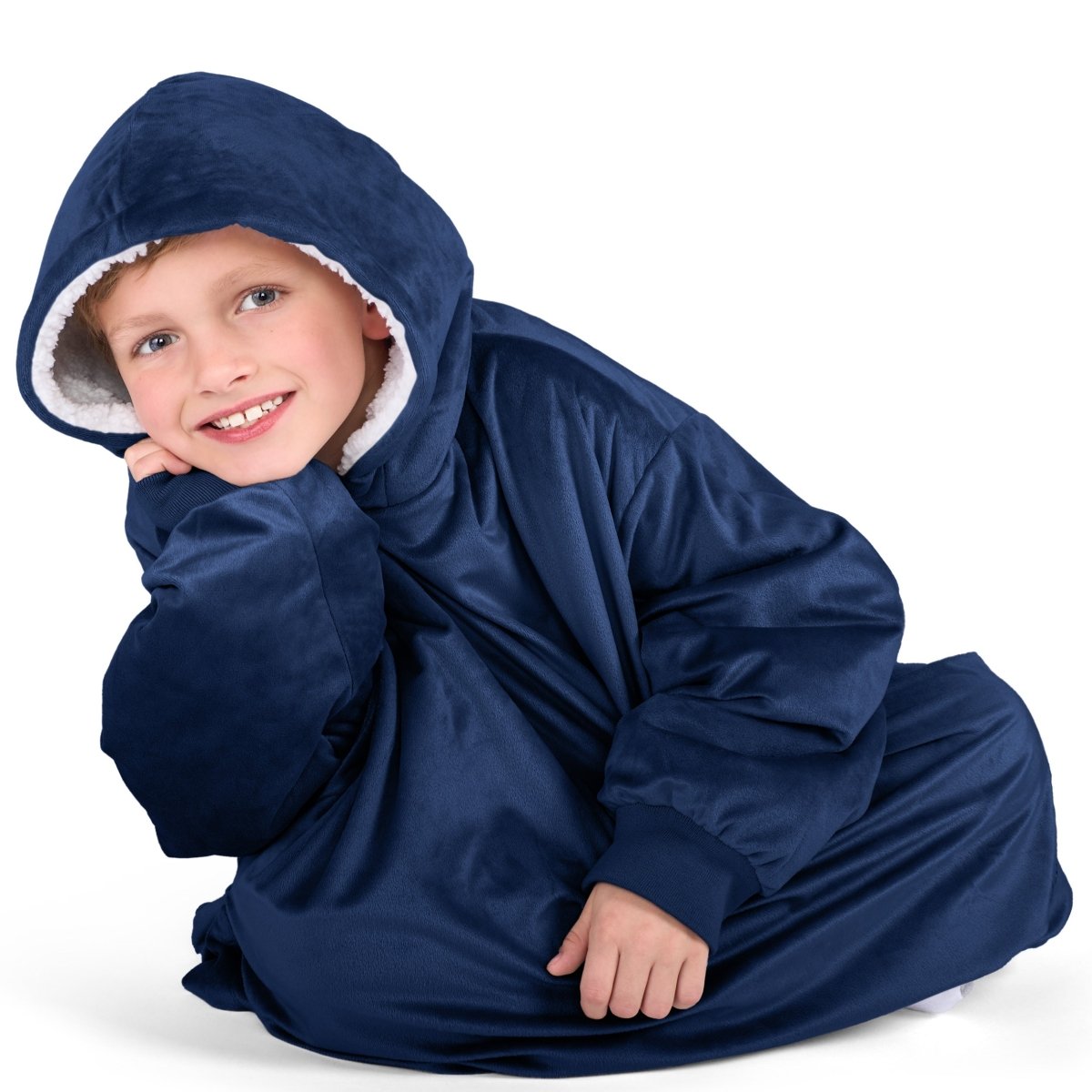 Close up of a sherpa wearable blanket on a child