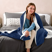 A woman sitting on a bed with a Sherpa blanket around her