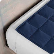 Close up of a weighted blanket on top of a bed made with white sheets
