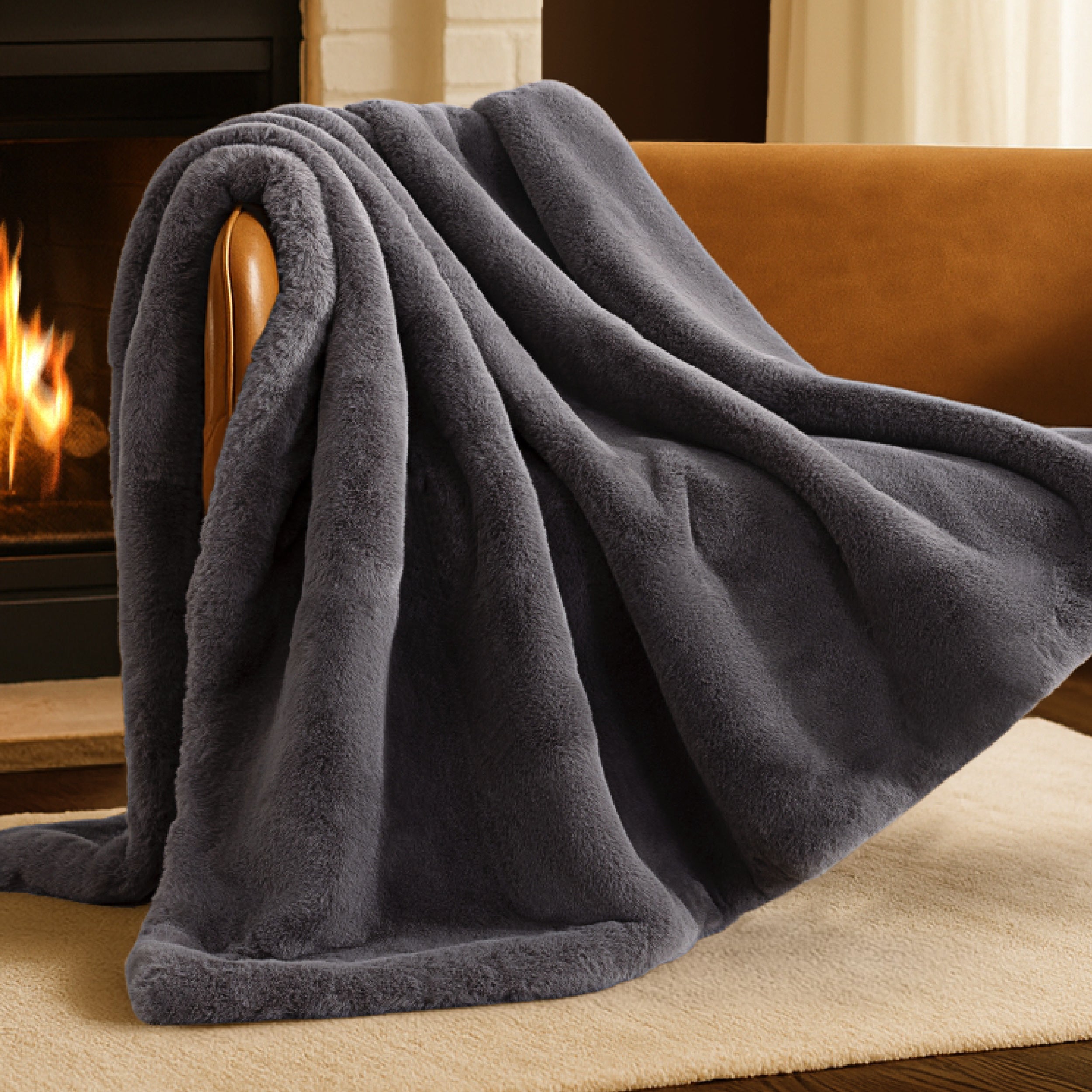 Blanket draped over a chair in front of a fireplace