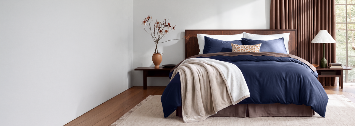 Fall Sale Hero Banner, Fall Made Bed with Blue Bedding