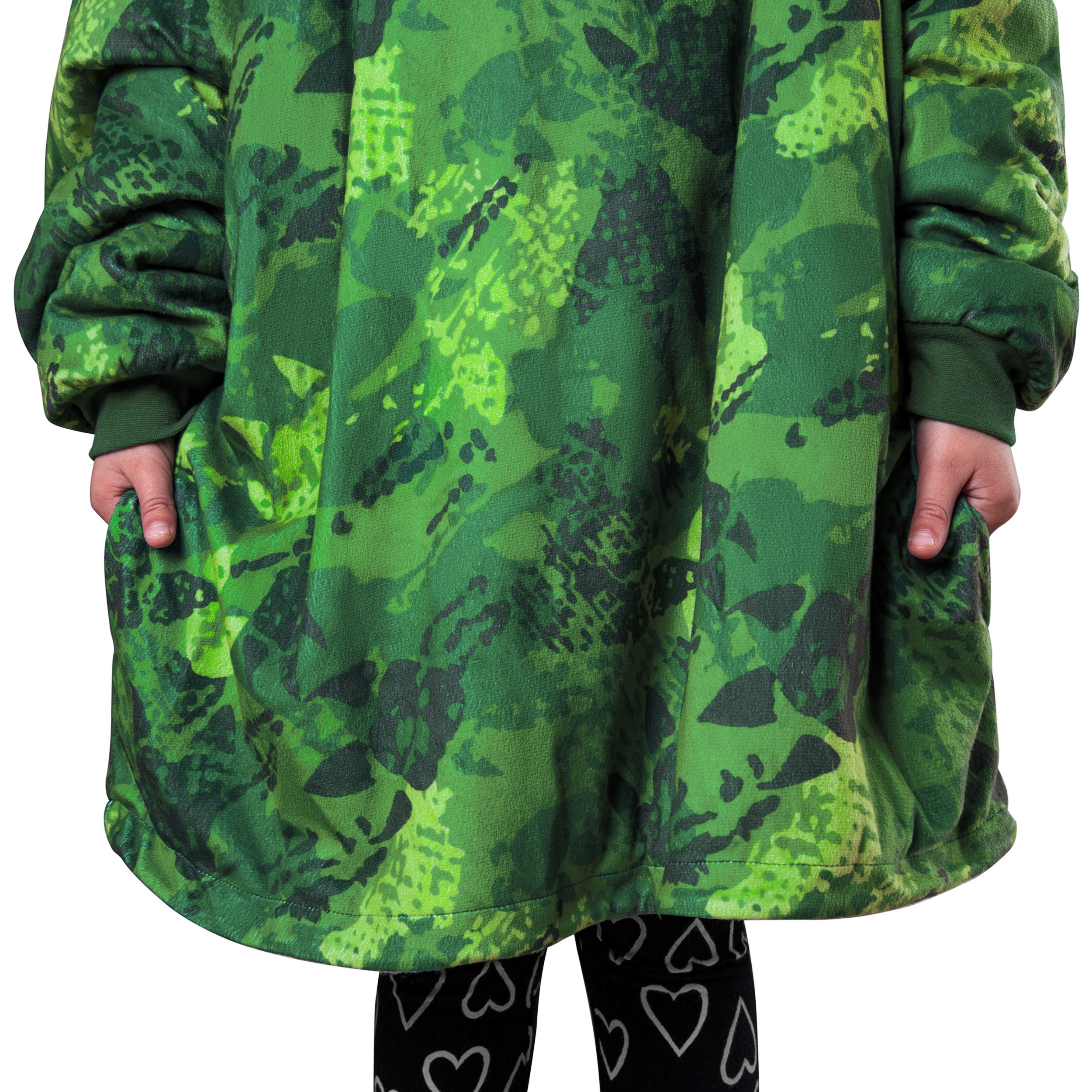 Close up of a printed Sherpa wearable blanket on a child
