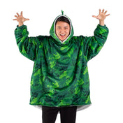 An adult with a sherpa wearable blanket on