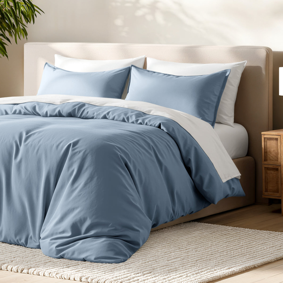 Bed with microfiber duvet cover and sham set in a bedroom setting.