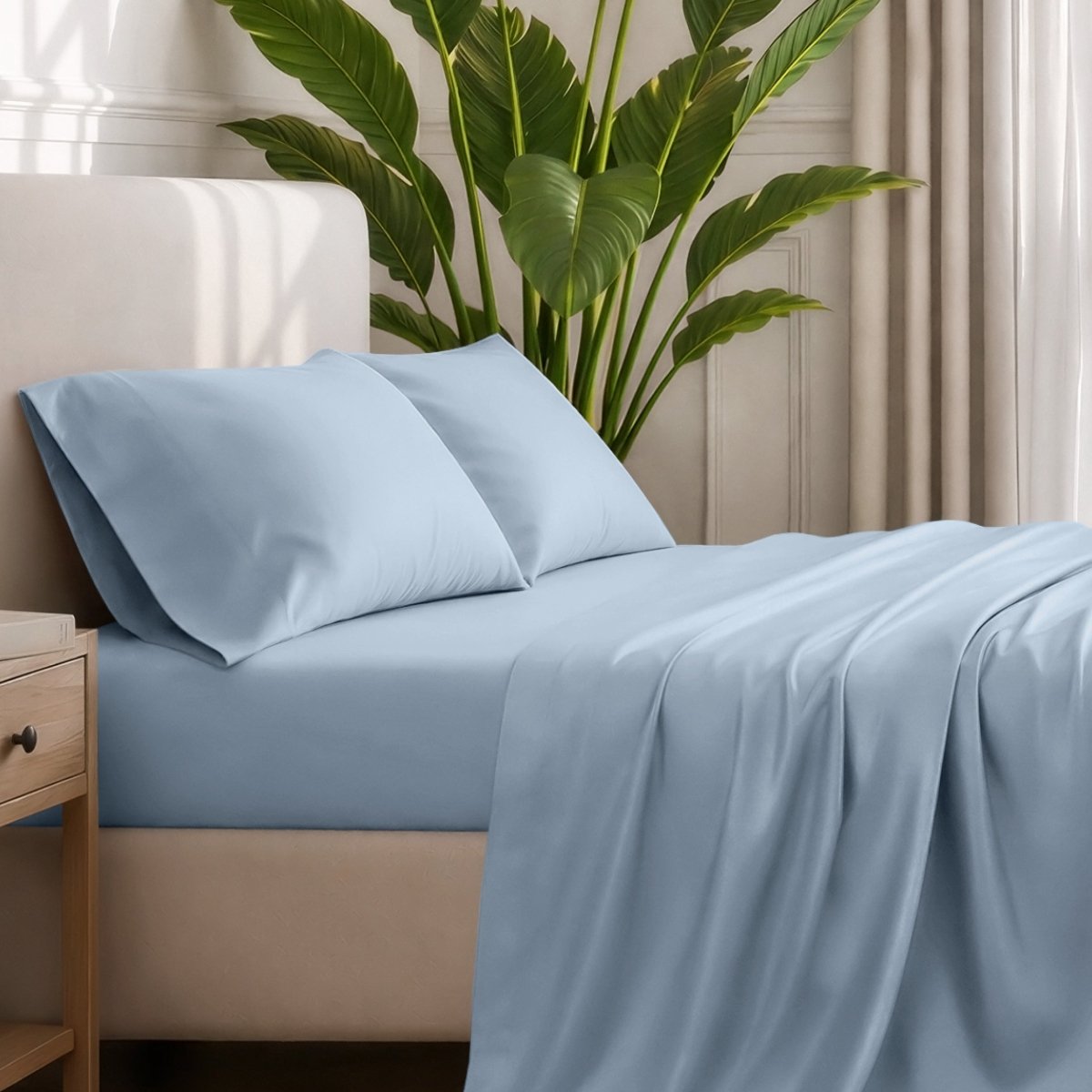 Ultra-soft sheets and pillowcases on a bed with a plant in the background